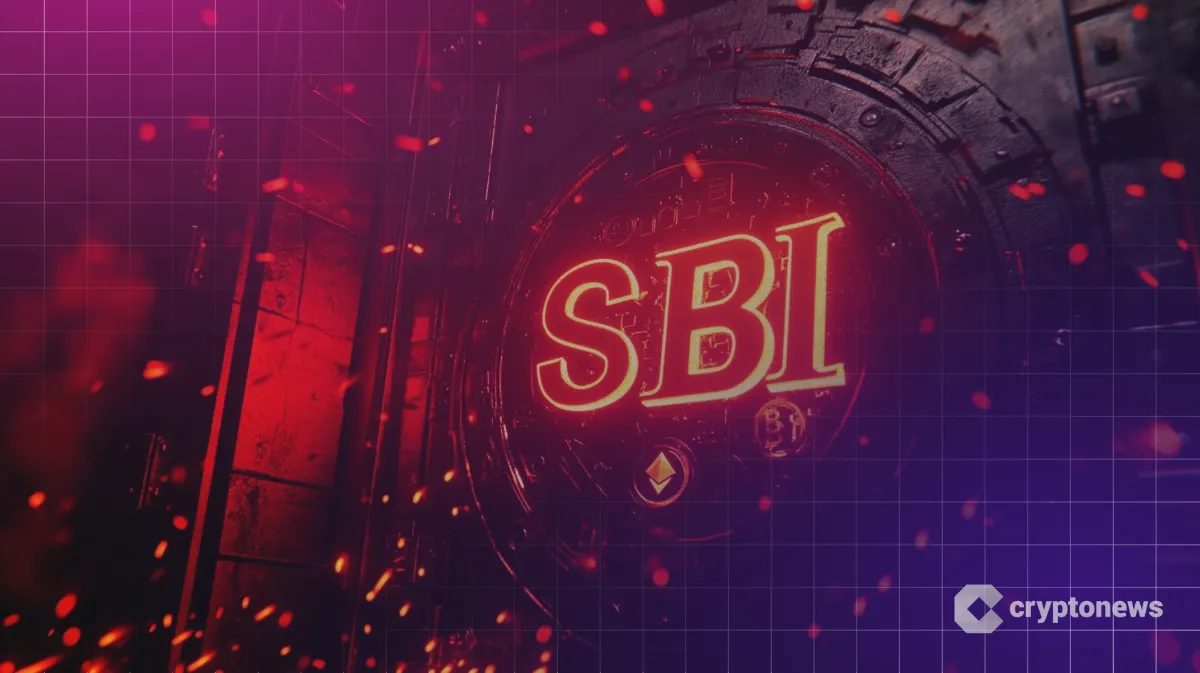 SBI新生銀行のロゴと銀行の金庫から仮想通貨が溢れ出すイメージ