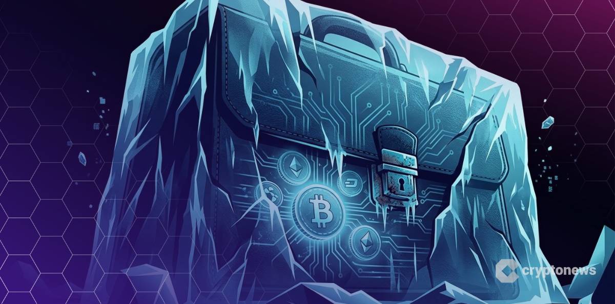 仮想通貨VCの減少と市場の冷え込みを象徴する氷漬けのブリーフケース