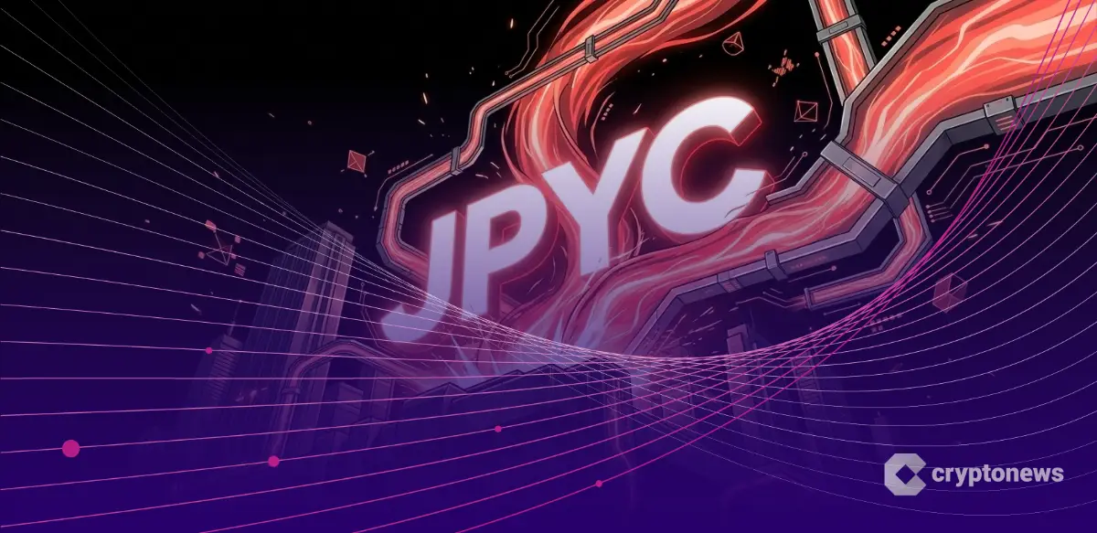 日本円ステーブルコインJPYCが10億枚の流通量を突破し、都市基盤から力強く成長するイメージ