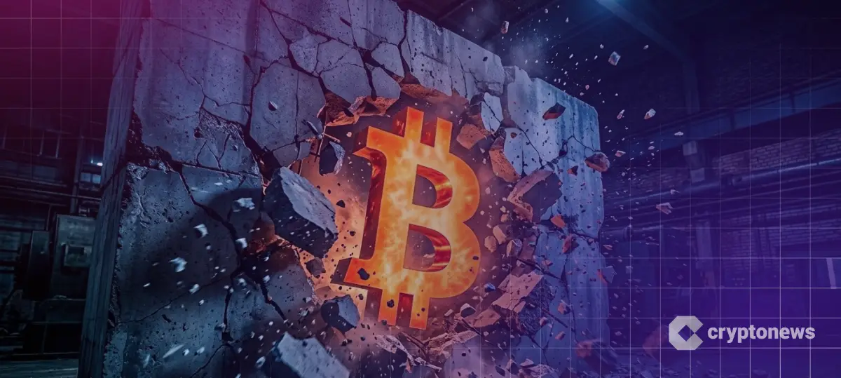 巨大な壁を打ち砕くビットコインのロゴ
