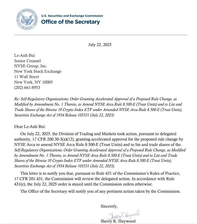 Beslissing SEC over Bitwise ETF