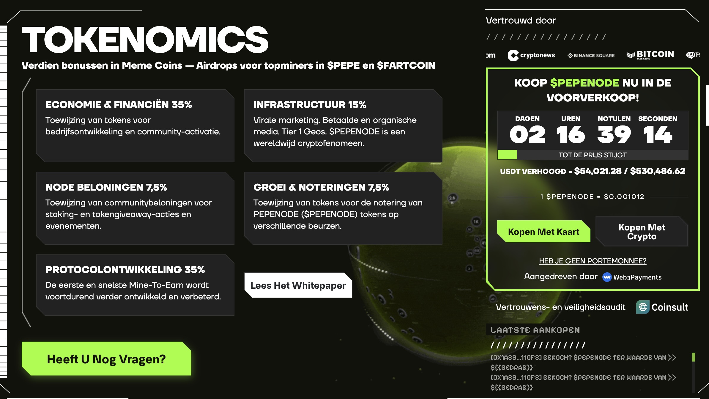 Dankzij de presale van PEPENODE kun je direct beginnen met virtueel minen. Denk aan nodes, uitbreidbare faciliteiten, forse token burns en beloningen in memecoins.