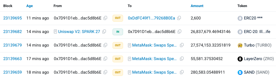 De drie meest recente transacties vanuit de hacker