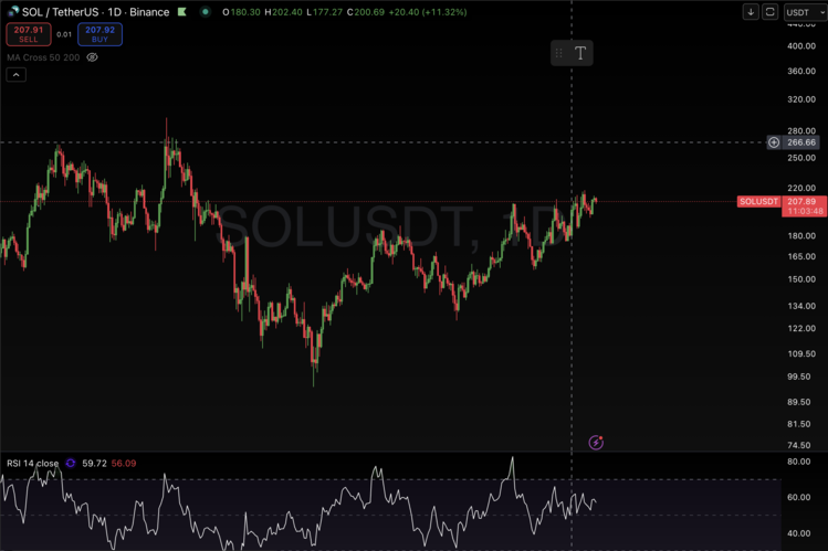 Dagelijkse Solana (SOL/USDT) grafiek toont stijging tot $207 met RSI-indicator en handelsvolumes zichtbaar, weergegeven op een TradingView chart.