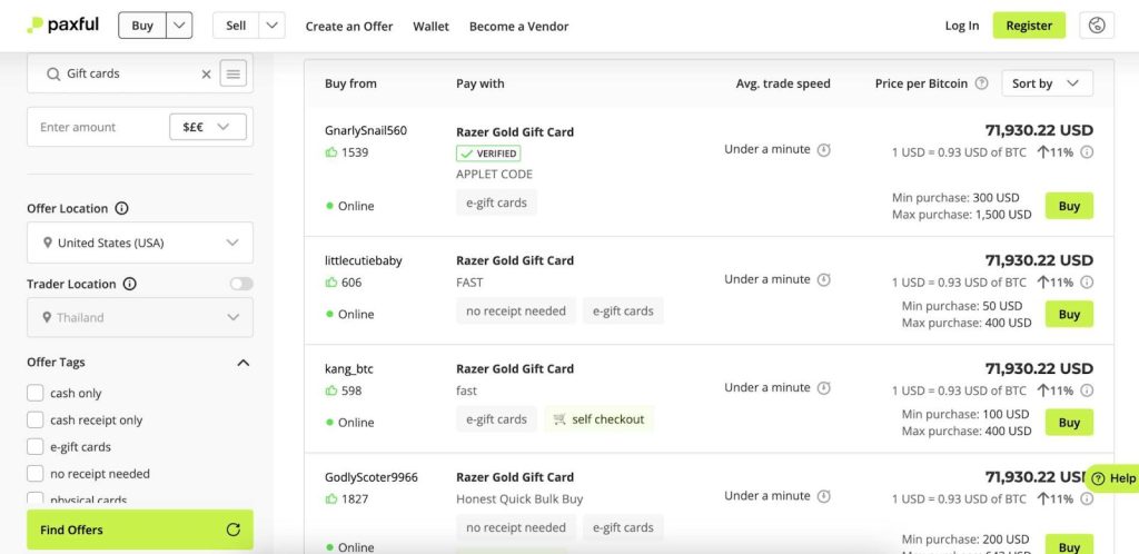 Schermweergave van een P2P-platform met meerdere Bitcoin-aanbiedingen die betaald worden met Razer Gold giftcards.