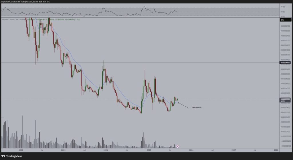 Cardano tegenover Bitcoin koers. 