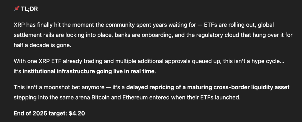 Volgens ChatGPT kan de XRP koers $4,20 halen. Bron: ChatGPT / CryptoDNES