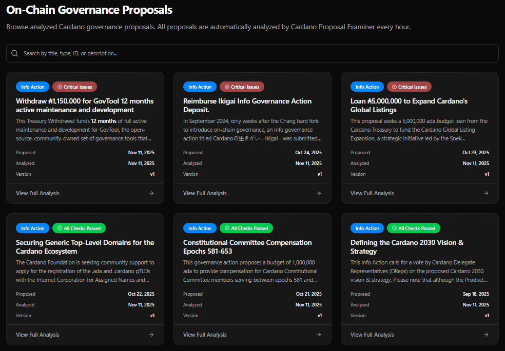 Cardano on-chain governance proposals Bron Cardano Proposal Examiner