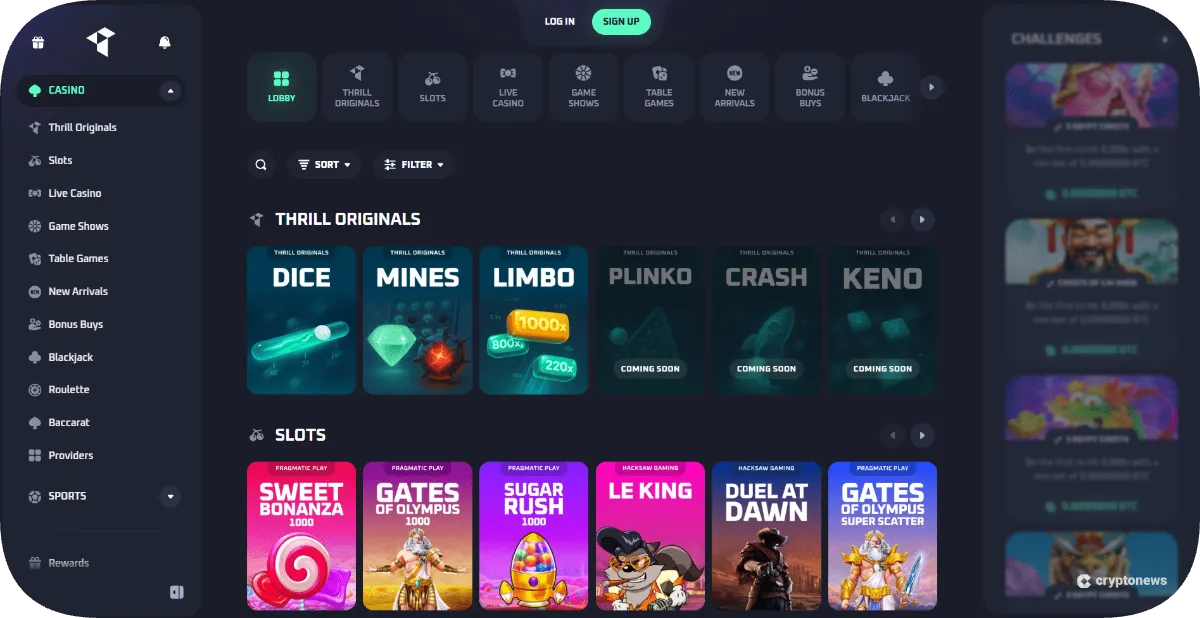Thrill, transparant Bitcoin casino en crypto only platform
