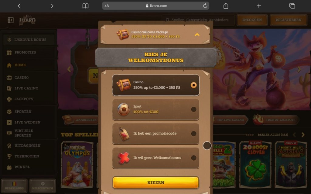 Bonus kiezen bij Amerikaans online casino Lizaro