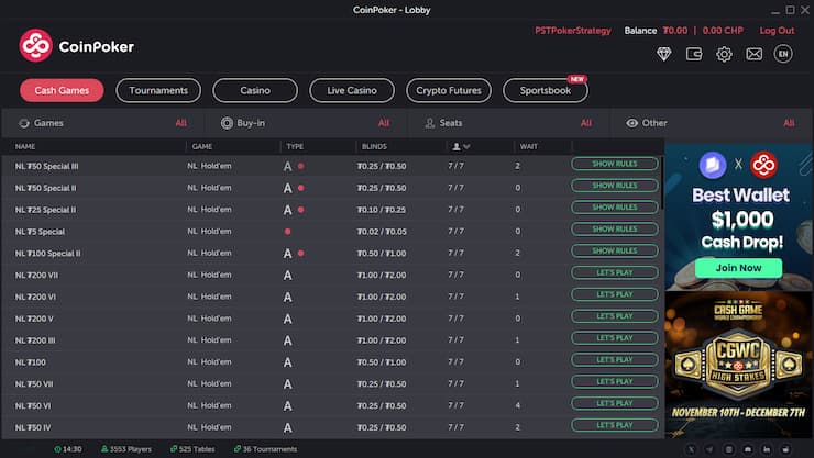 Kies een tafel in de lobby en begin met spelen bij CoinPoker