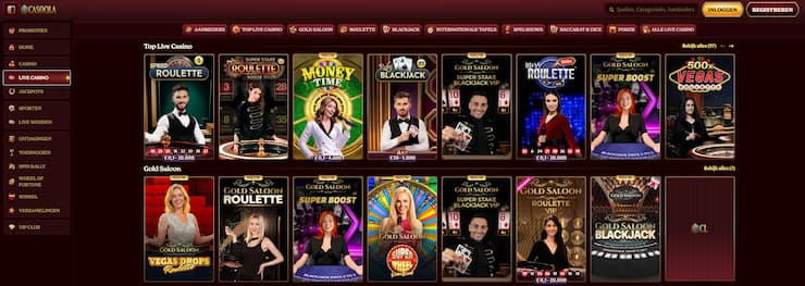 Lobby van het live casino van Casoola