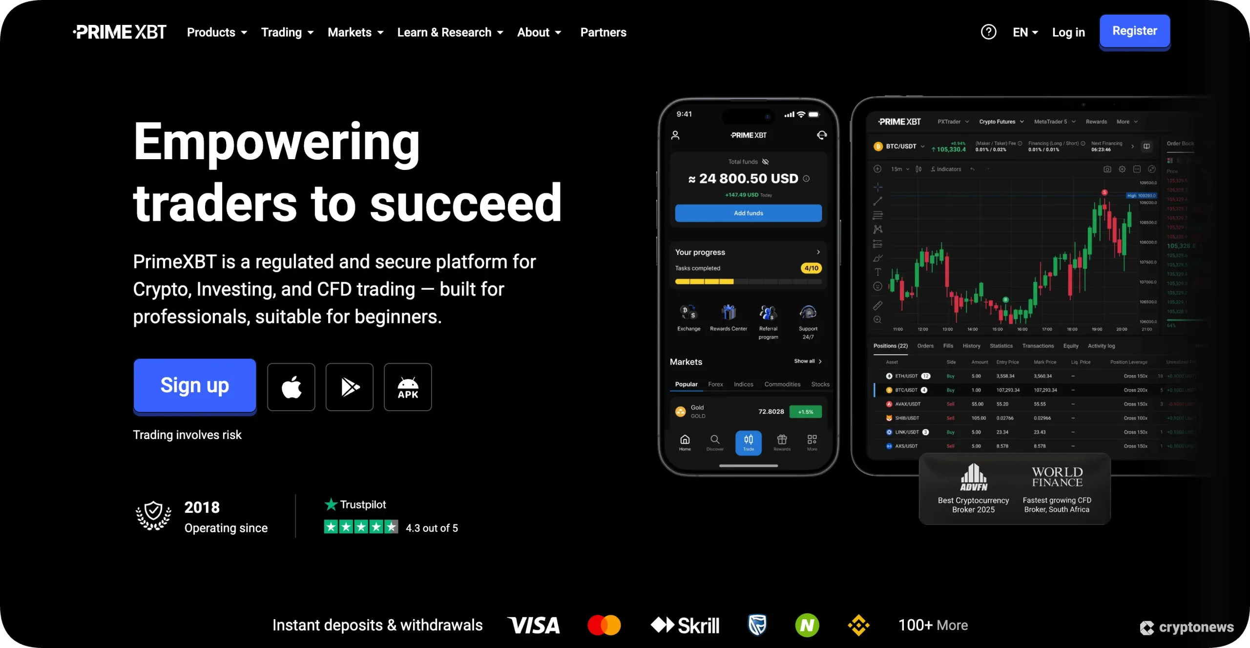 Crypto broker PrimeXBT startpagina.