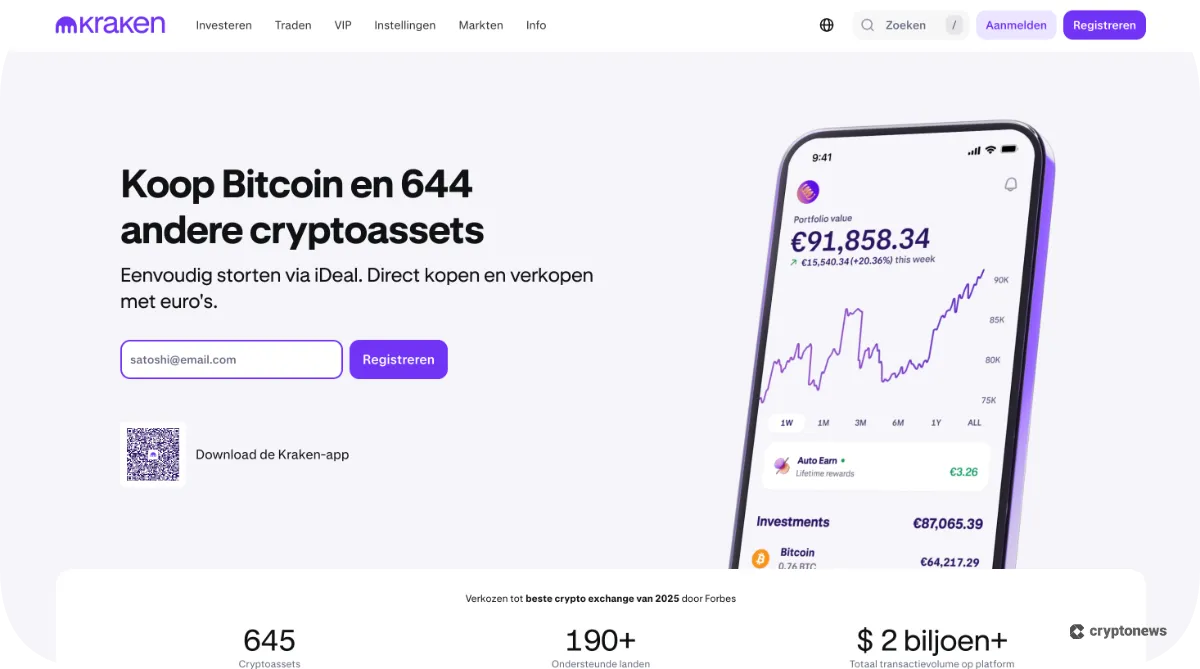 Kraken startpagina om BTC te kopen.
