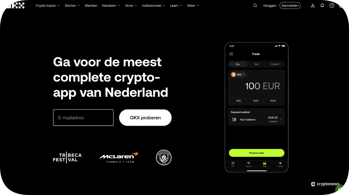OKX startpagina om Bitcoin te kopen.