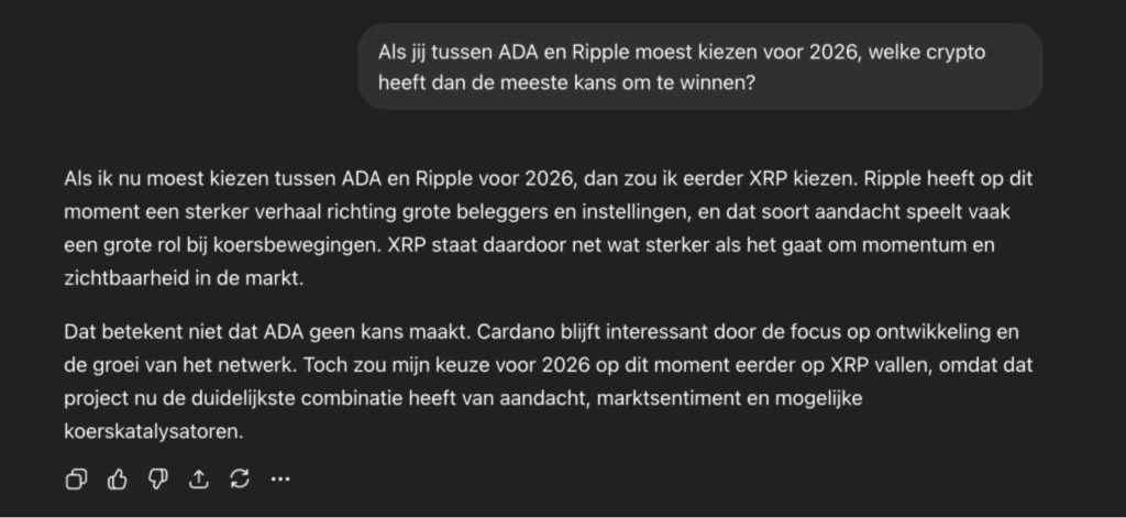 ChatGPT kiest XRP voor 2026 boven ADA