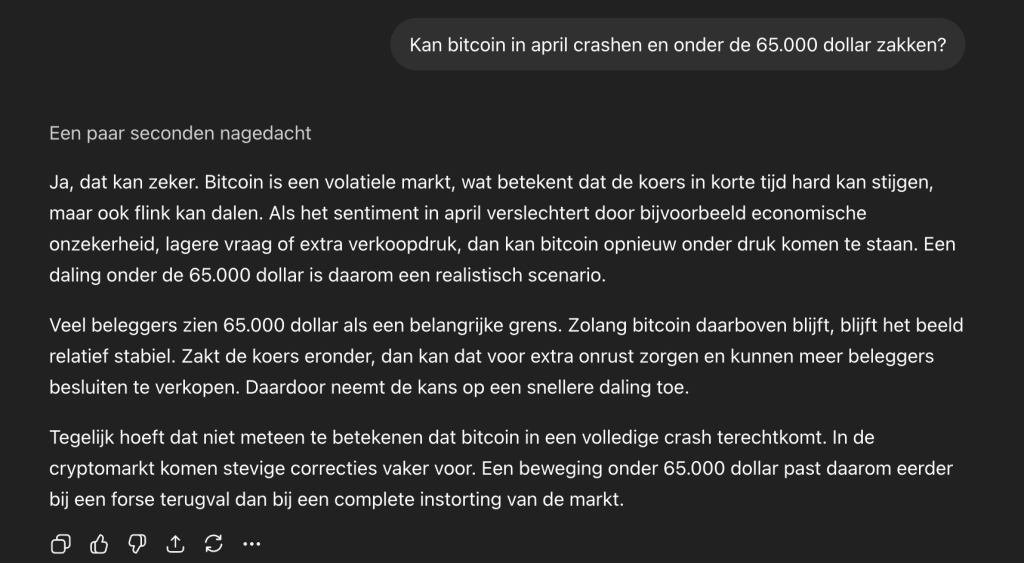 ChatGPT noemt een daling onder 65.000 dollar in april