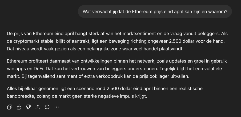 ChatGPT ziet 2.500 dollar als realistisch scenario voor Ethereum eind april.