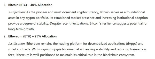 ChatGPT raccomanda di investire in BTC ed ETH nel secondo trimestre 2025. Fonte: ChatGPT