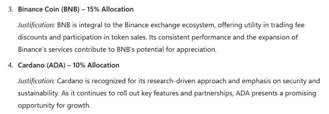 ChatGPT raccomanda di investire in BNB e ADA. Fonte: ChatGPT