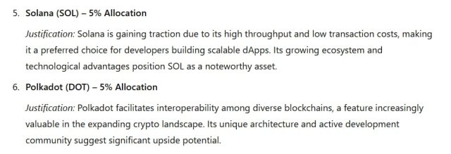 ChatGPT raccomanda di investire in SOL e DOT nel 2025. Fonte: ChatGPT