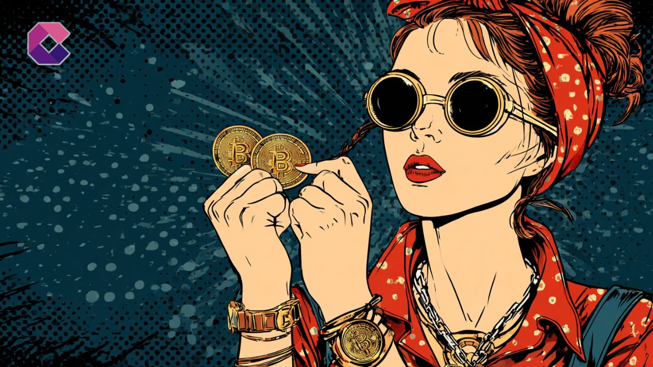 Immagine pop art con ragazza ricca e Bitcoin