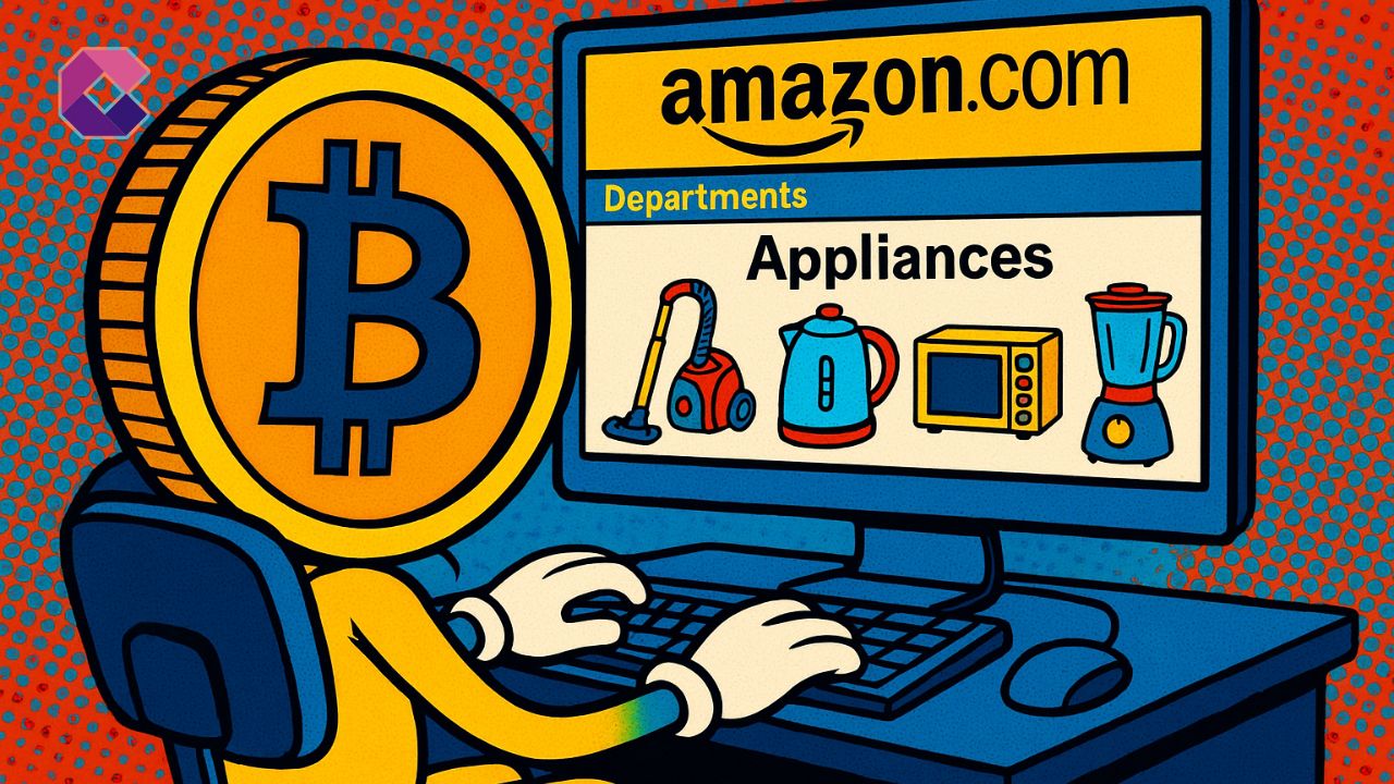 Immagine di Bitcoin davanti al computer che naviga su Amazon