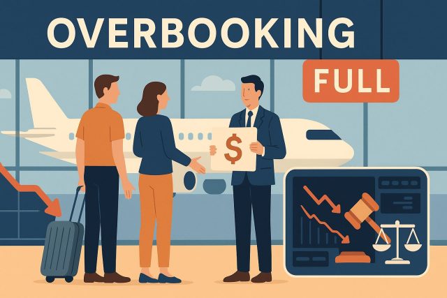 Illustrazione in stile moderno che mostra una scena d’aeroporto con la scritta “Overbooking”: un impiegato offre un rimborso a due passeggeri davanti a un aereo pieno, simbolo del meccanismo di Auto-Deleveraging (ADL) che riduce le posizioni vincenti per riequilibrare i mercati crypto.