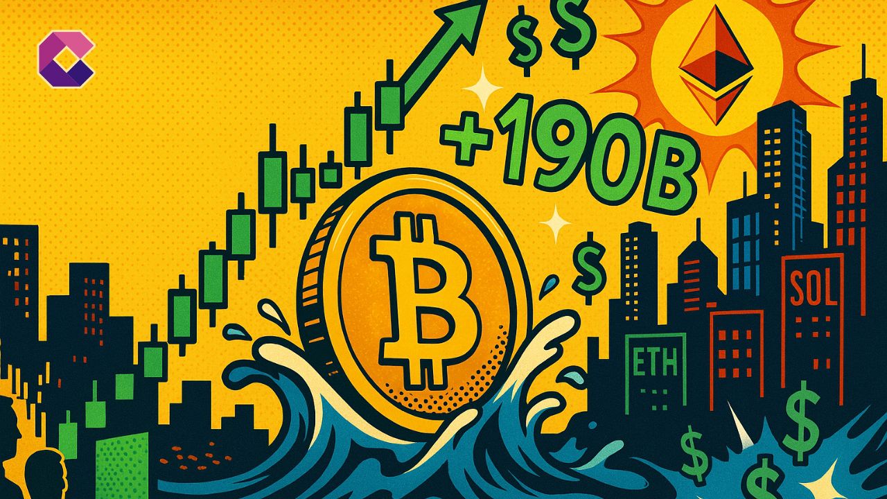 Illustrazione pop art che mostra una moneta Bitcoin dorata che emerge da onde blu