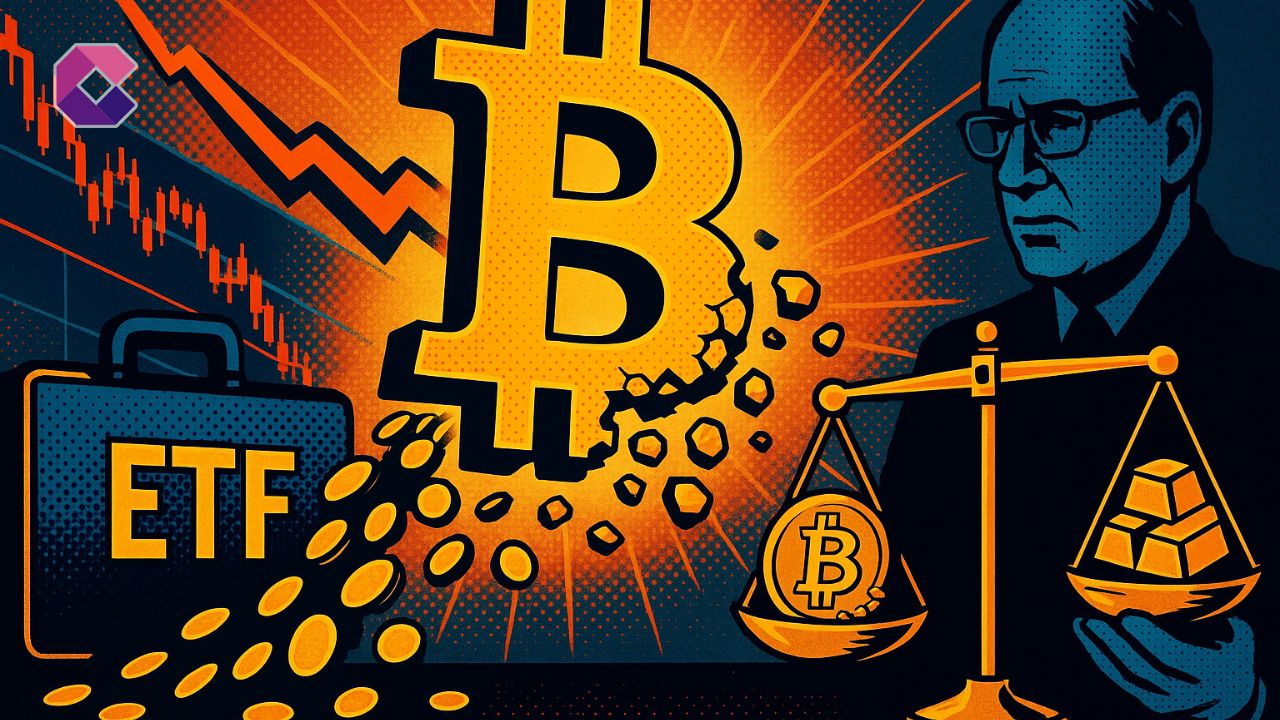 Illustrazione pop art sul crollo dei flussi ETF Bitcoin e cautela BlackRock.