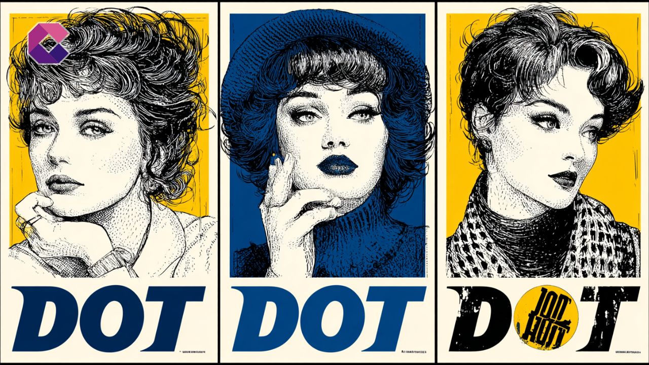 Immagine in stile pop art con tre volti femminili e altrettante scritte DOT
