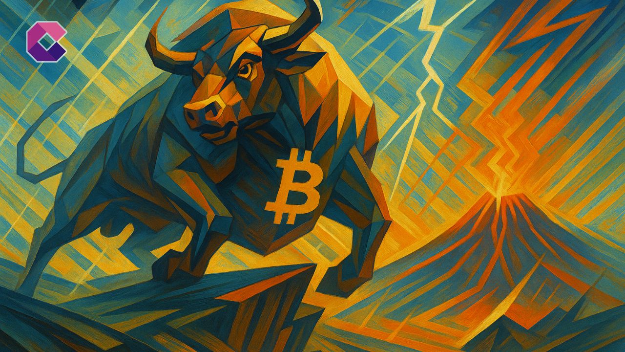 Bull Bitcoin futurista tra fulmini e vulcano in eruzione dinamico.