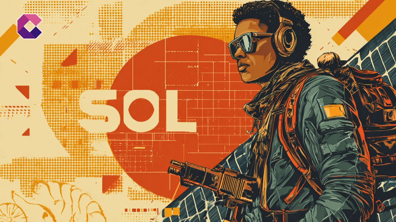 Immagine concettuale in stile pop art per la copertina di un articolo sulla criptovaluta SOL