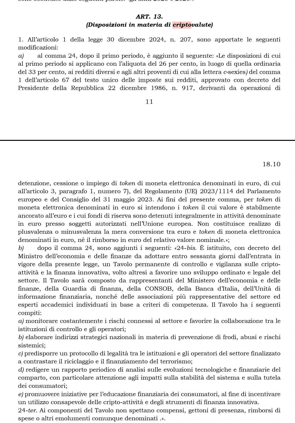 Bozza articolo 13 legge bilancio 2026 su tassazione criptovalute italiane