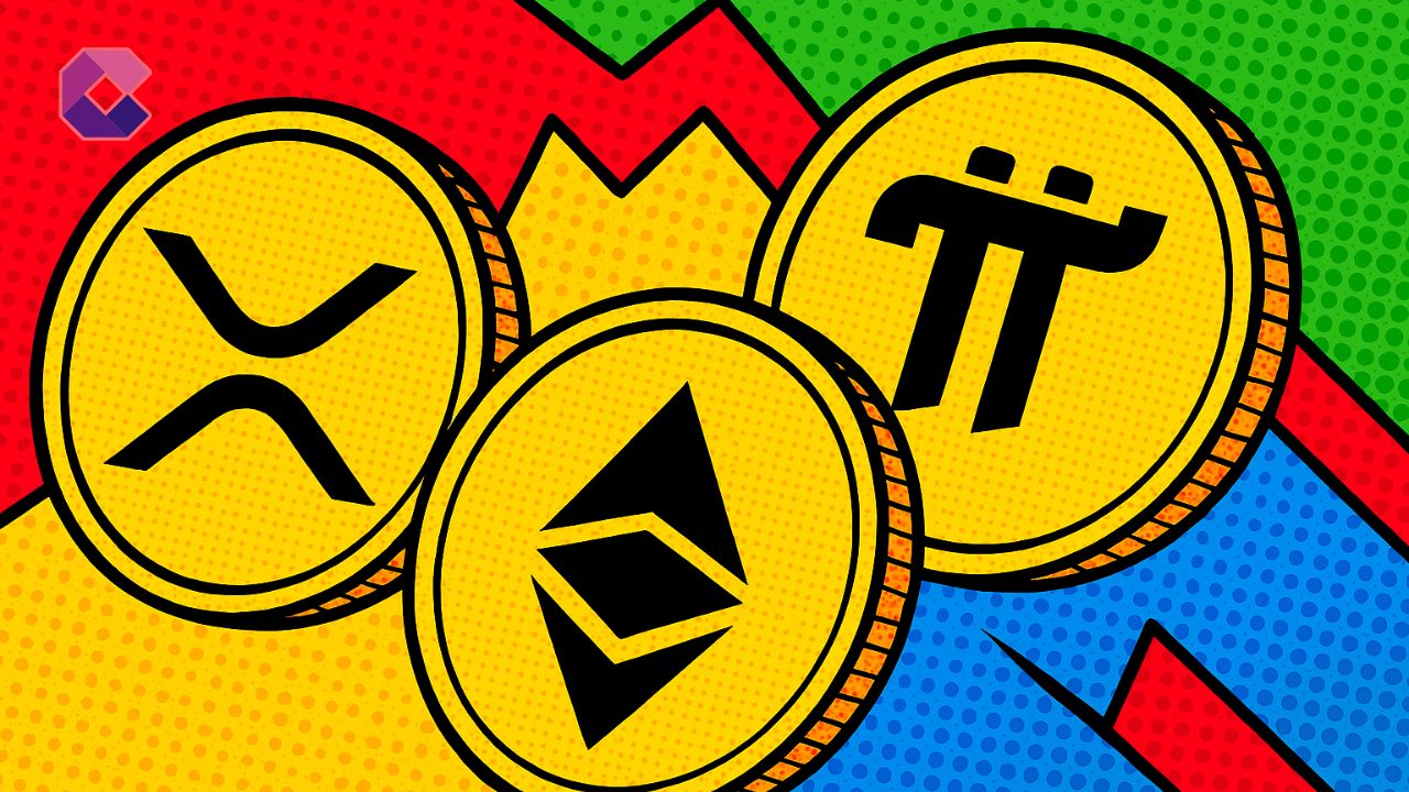 Previsione dei prezzi di XRP, ETH e PI - Illustrazione in stile pop art