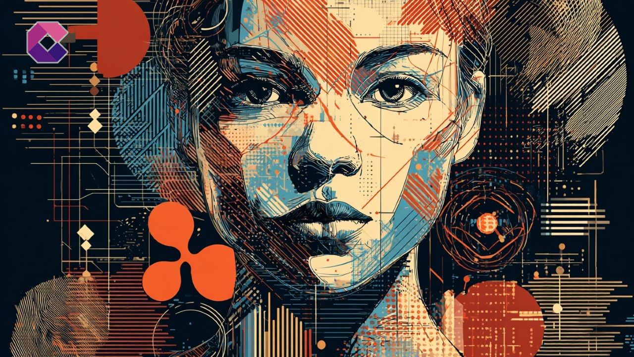 Immagine pop art con volto femminile e simbolo di XRP, per la copertina di un articolo sulle previsioni AI crypto
