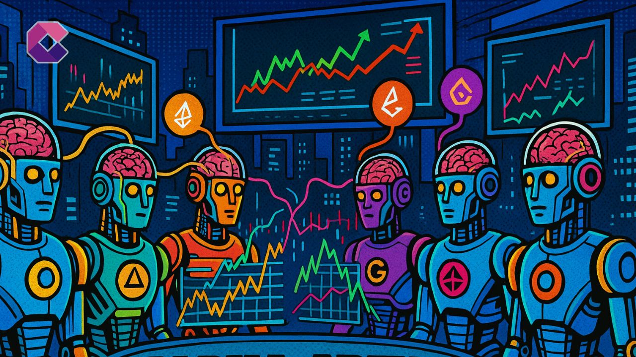 Robot pop art competono nel trading crypto in arena futuristica