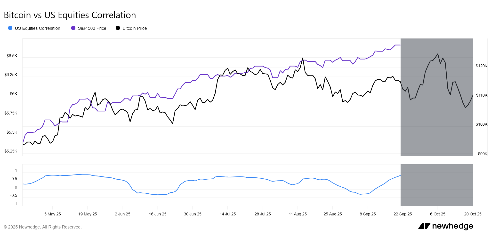 Grafico tecnico della correlazione tra Bitcoin e S&P500, estrapolato dal sito ufficiale di Newhedge