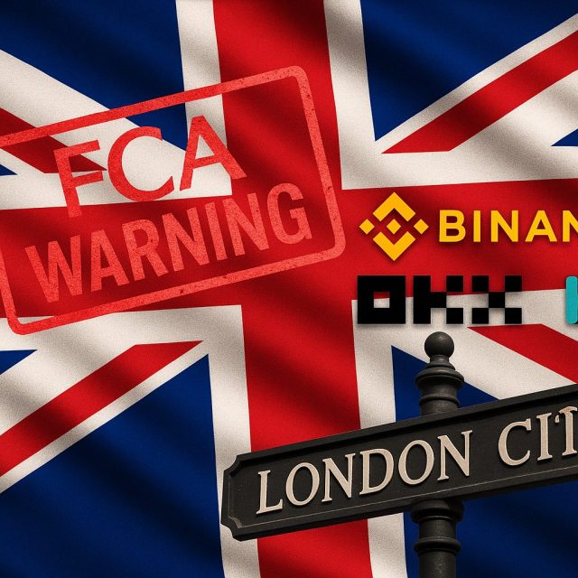 Bandiera britannica con timbro FCA Warning e loghi di exchange crypto.