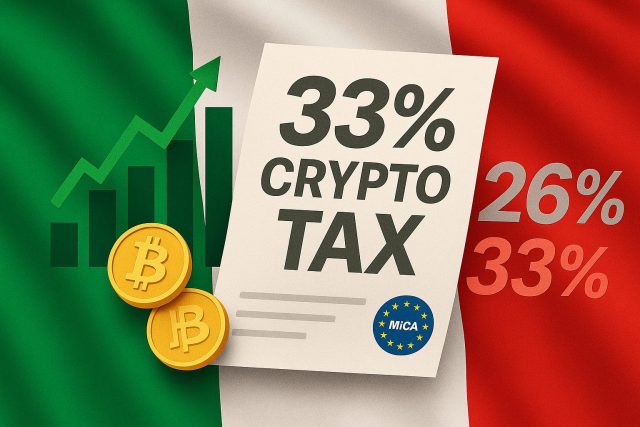 Bandiera italiana con documento 33% crypto tax e simbolo MiCA.