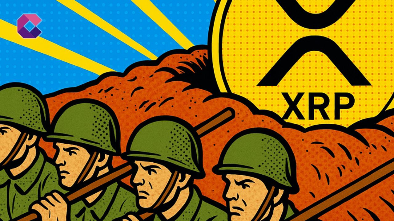 Immagine di un token XRP dietro una trincea e protetto da alcuni soldati