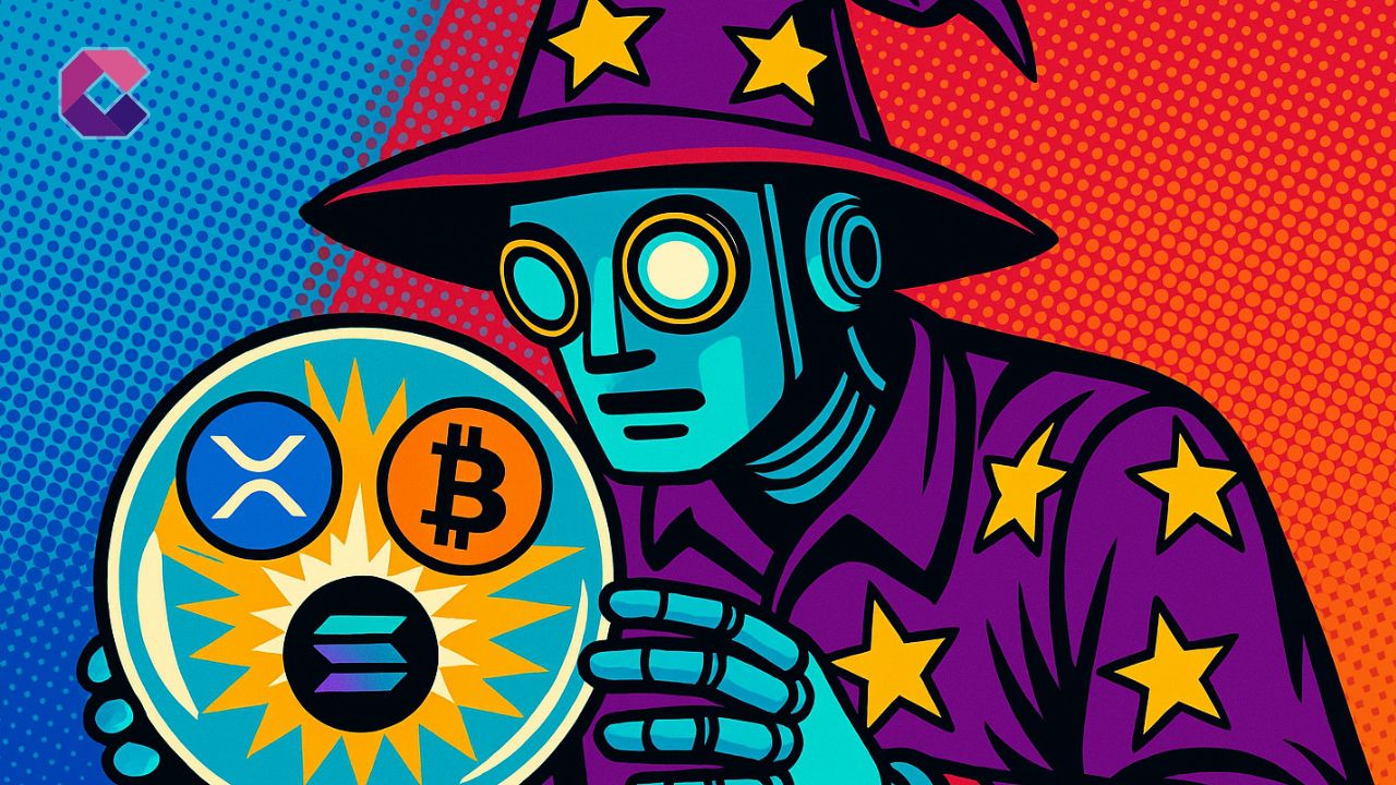 Immagine di un robot vestito da stregone che osserva dentro una sfera di cristallo