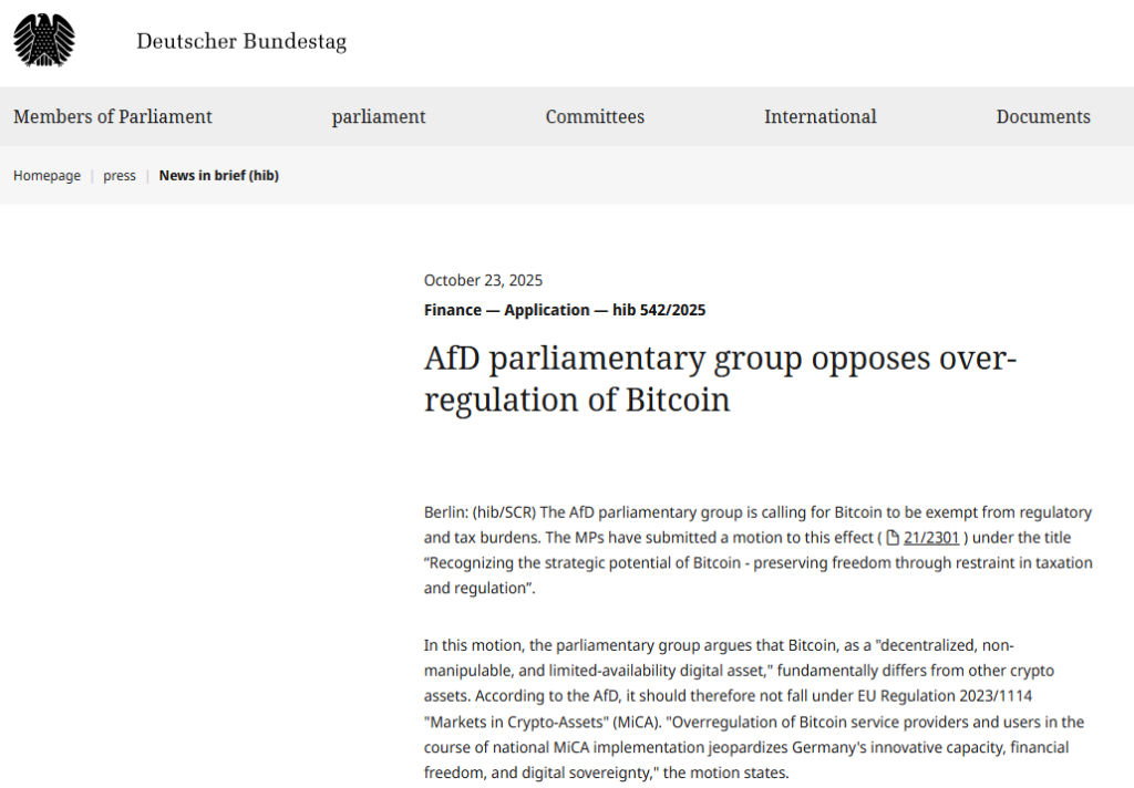 Pagina Bundestag AfD propone esenzione Bitcoin dalle regole MiCA.