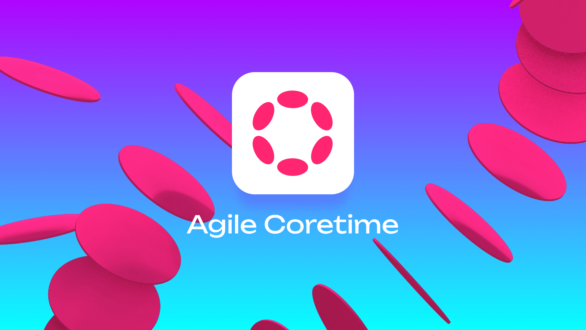 Logo Agile Coretime con monete rosa su sfondo blu viola.