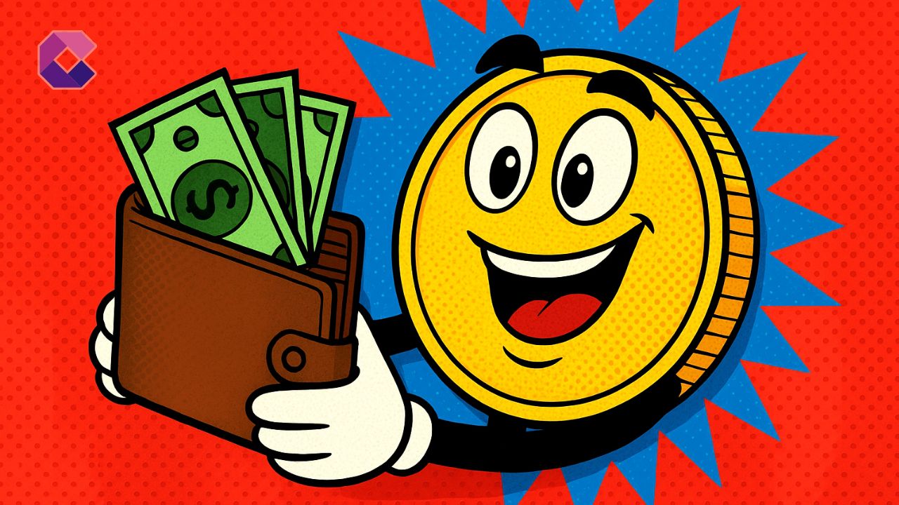 Immagine di un token crypto che tiene in mano un portafoglio pieno di soldi