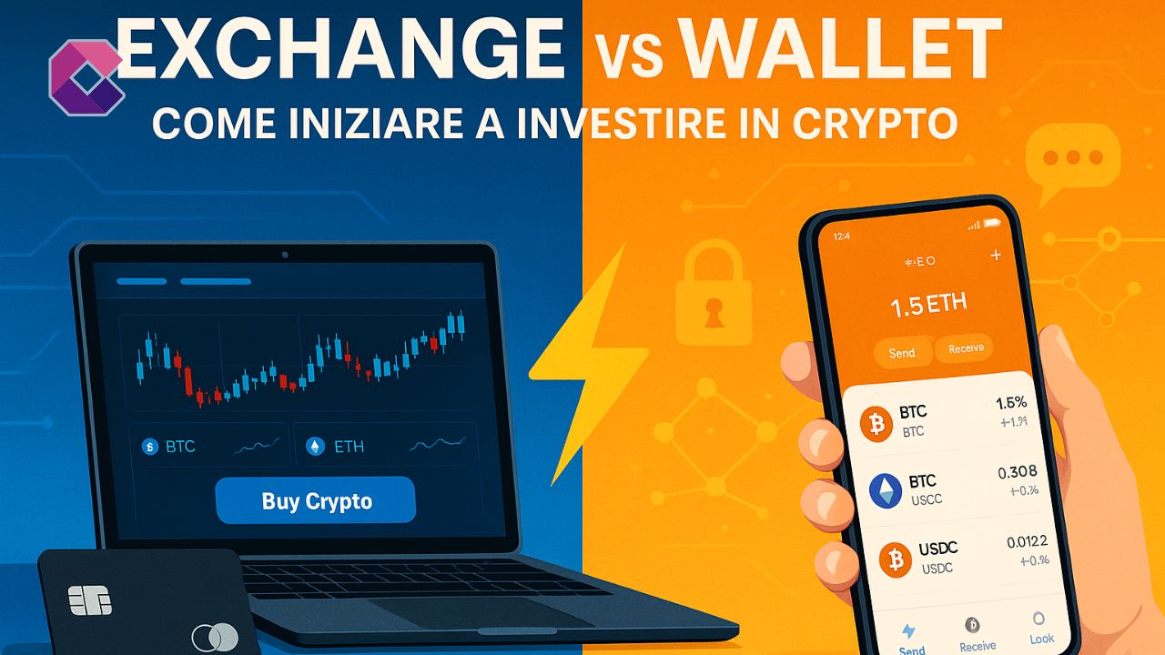 Confronto visivo tra exchange e wallet crypto con smartphone e laptop.