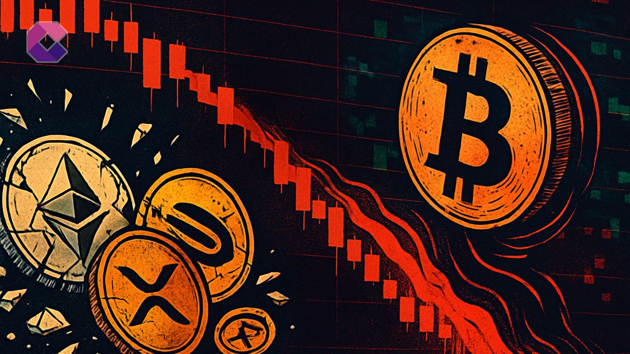 Criptovalute in caduta con Bitcoin ed Ethereum davanti a grafico rosso crollante