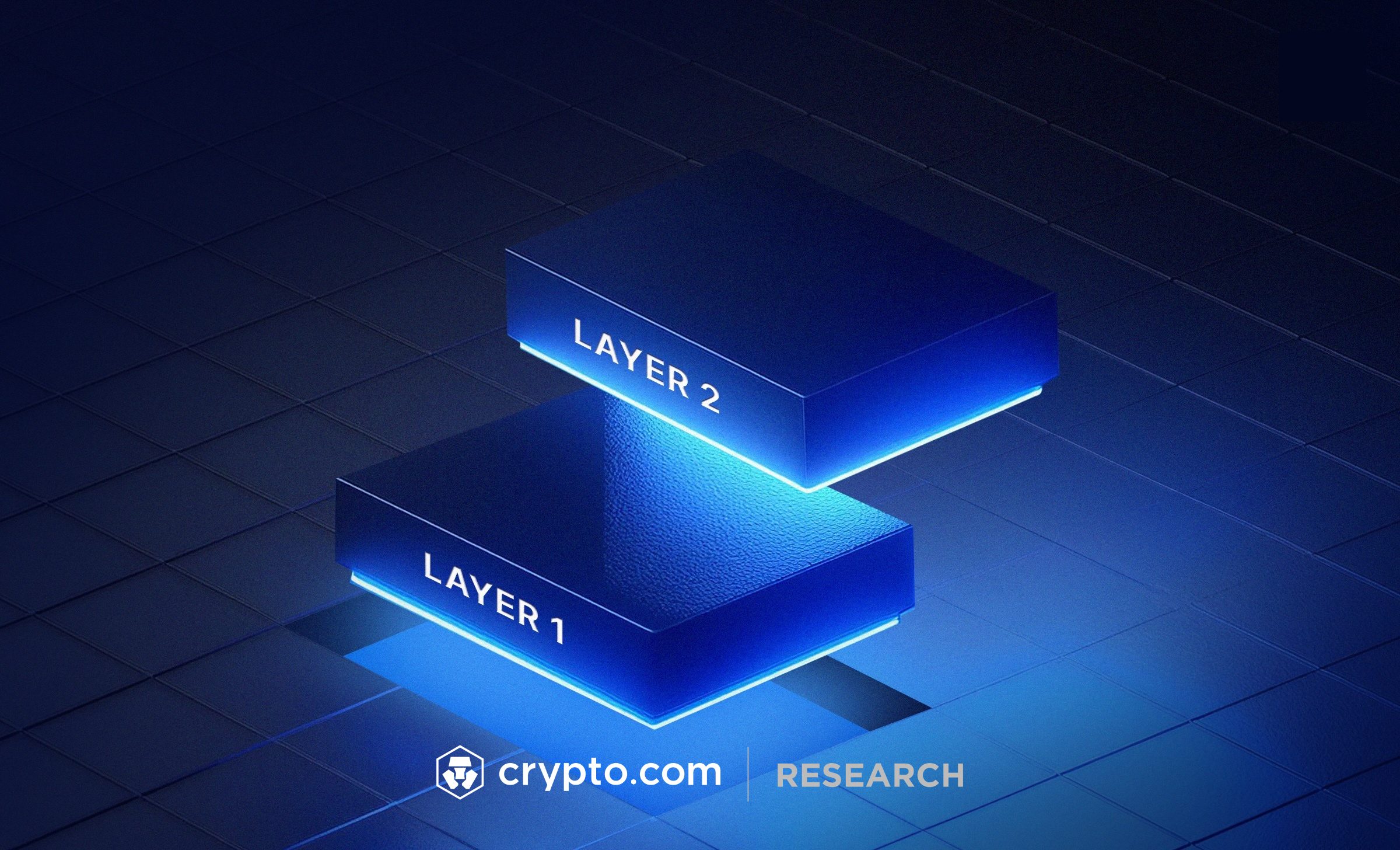 Illustrazione futuristica dei layer Ethereum con blocchi luminosi sovrapposti.