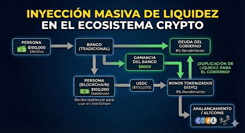 Flusso di denaro tra banca stablecoin e Treasury tokenizzati su blockchain.