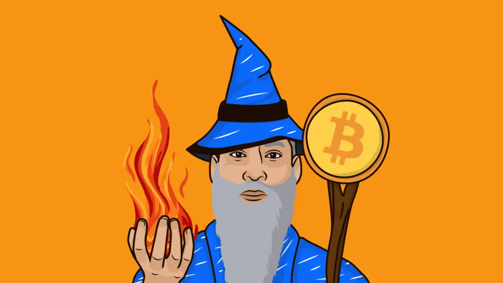 A wizard in blue robes and hat holding fire and a Bitcoin symbol on a stick.